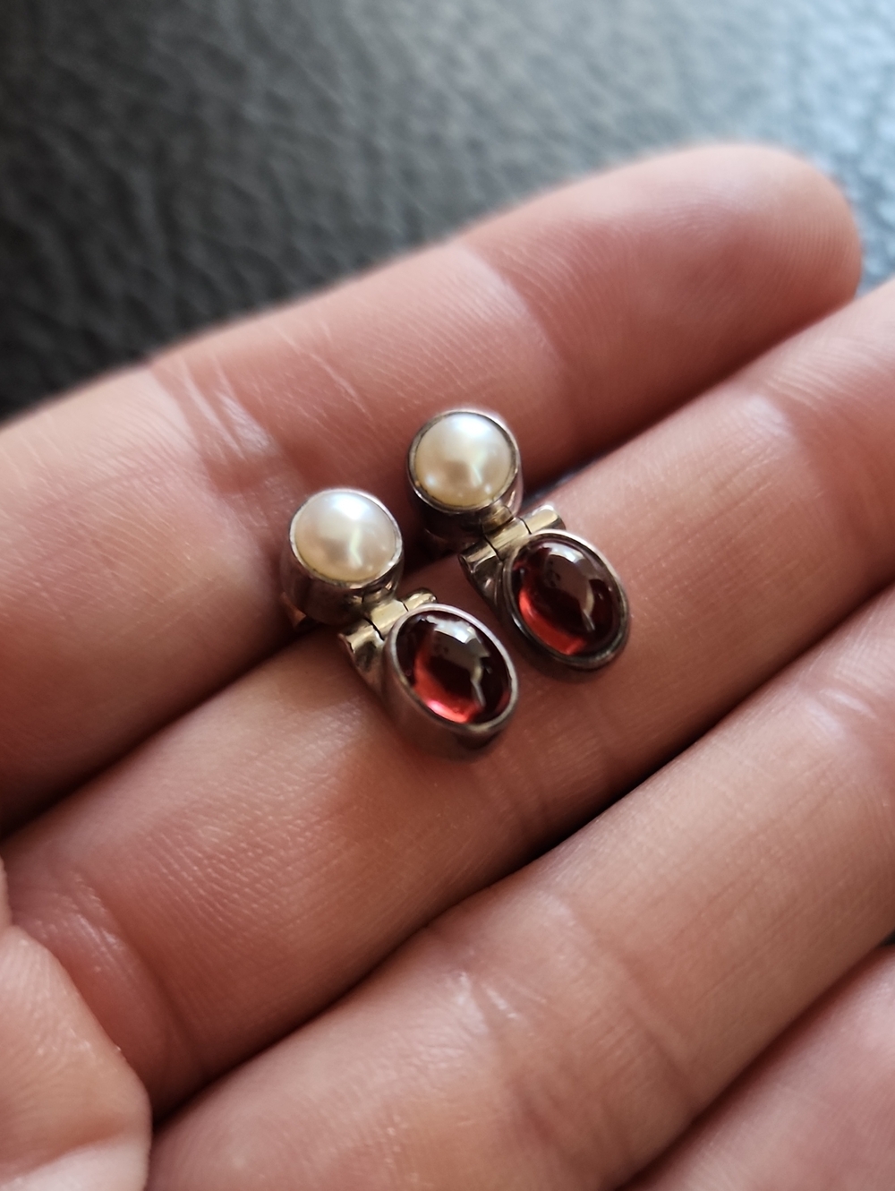 Pearl and Sterling Drop Earrings - White Pearl with Deep Red Stone